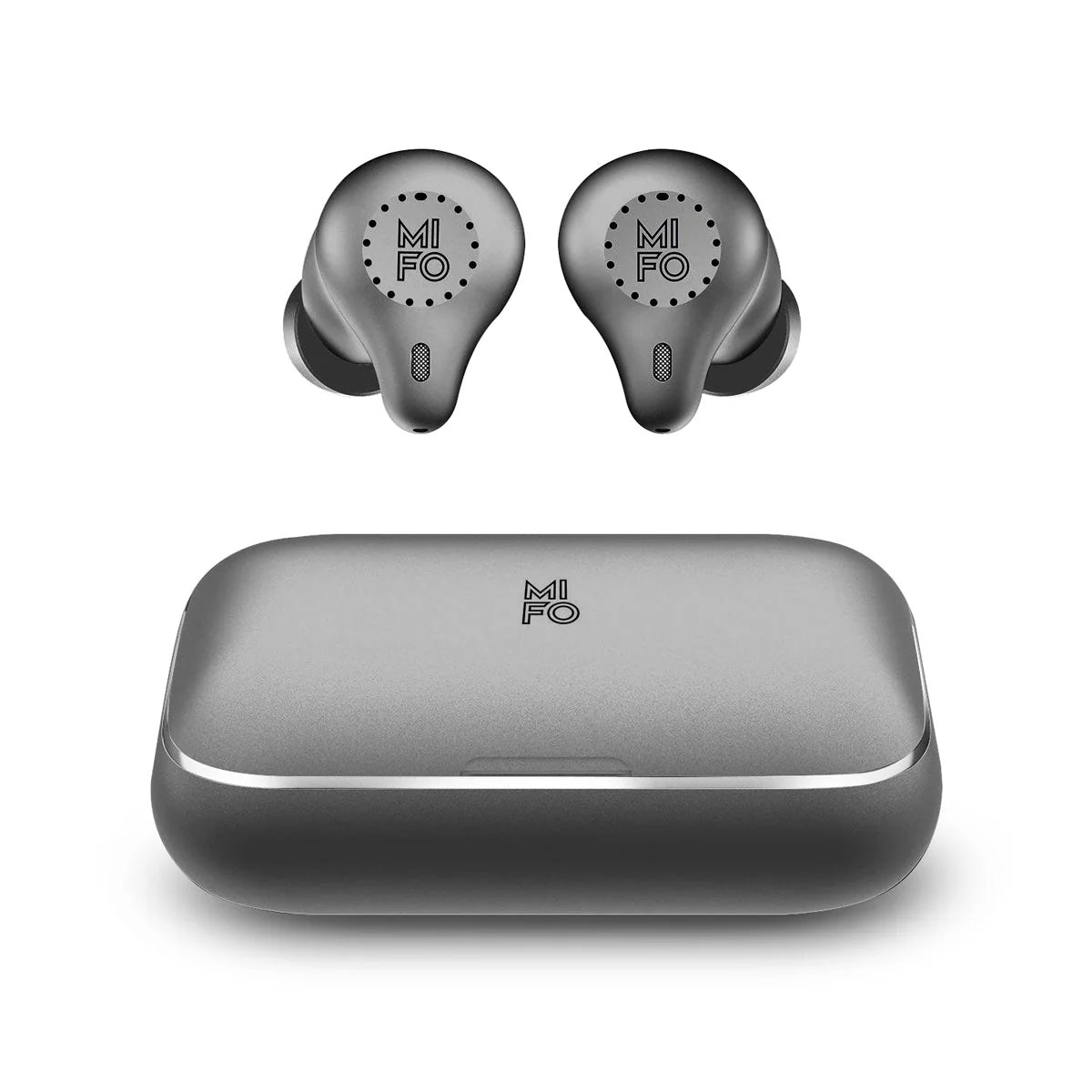 Mifo O5 Plus Gen 3 Metallic Grey earbuds and aluminium charging case
