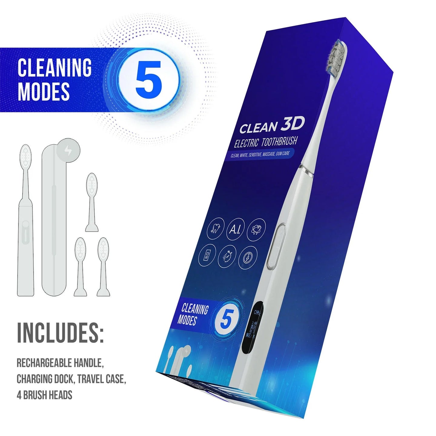 Sonictrek Clean 3D Rechargeable Toothbrush with SmartWhite Technology package contents
